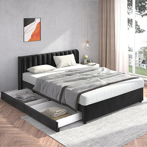Lit Double Modenvie 180x200 cm avec tiroirs en velours noir