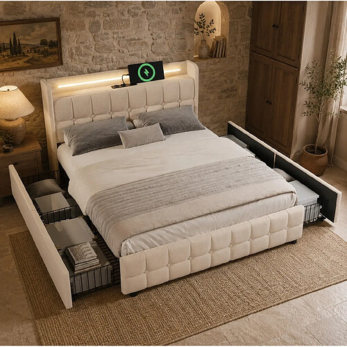 Lit Double 140x200 cm Modenvie avec 4 tiroirs et LED Beige