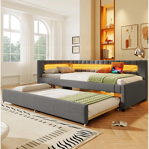 Lit Banquette Modenvie 90x200 cm LED USB Type-C Gris sans matelas
