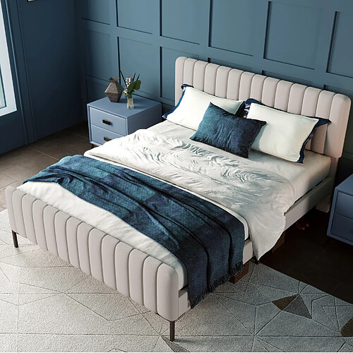 Lit Double 140x200 cm Modenvie avec tête de lit réglable et sommier Gris beige