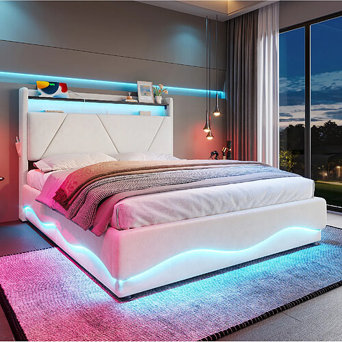 Lit Coffre Modenvie 160x200 cm avec LED et rangement, Beige