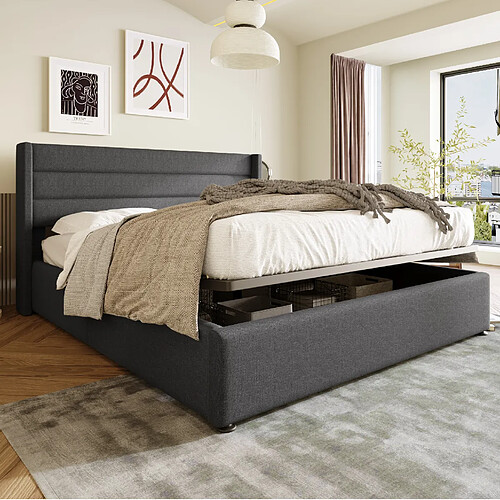 Lit Coffre 140x200 cm Modenvie rangement hydraulique en lin gris