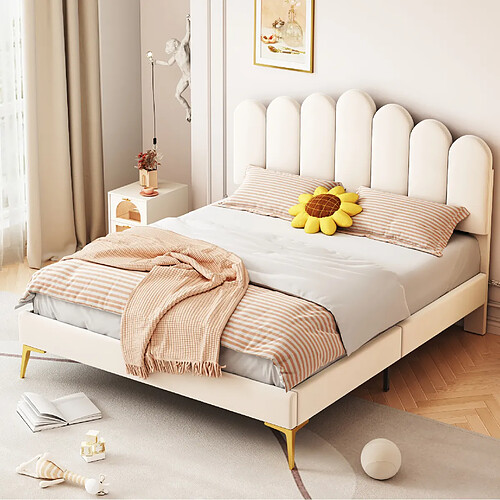 Lit Double 140x200 cm Modenvie tete de lit reglable sommier inclus Beige