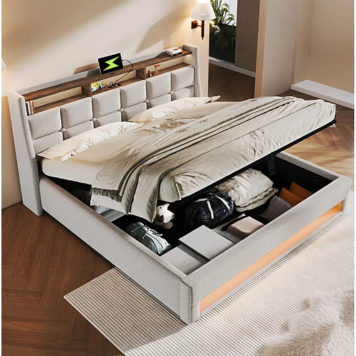 Lit Coffre 160x200 cm Modenvie avec ports USB et LED en lin Beige