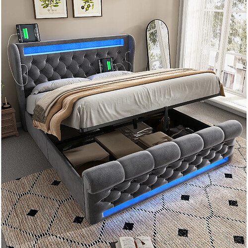 Lit Coffre Modenvie 140x200 cm avec LED et USB en velours gris