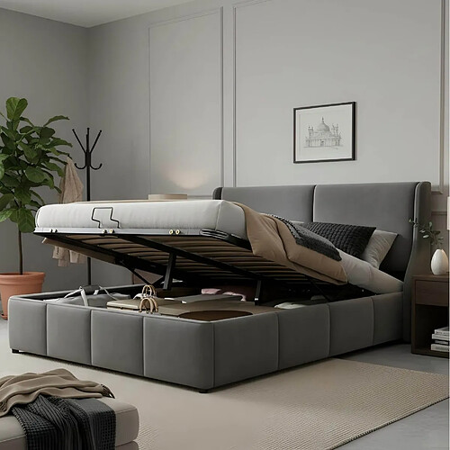 Lit Coffre 140x190 cm Modenvie en velours gris avec rangement
