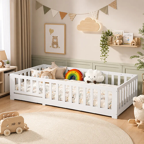 MEXUS Lit Enfant 90x200 cm, Lit au Sol avec Barrière de Sécurité, pour Garçons et Filles, Blanc