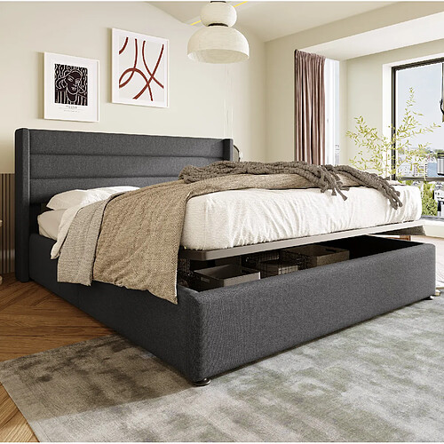 Lit Coffre 160x200 cm Modenvie gris avec rangement et tête de lit rembourrée
