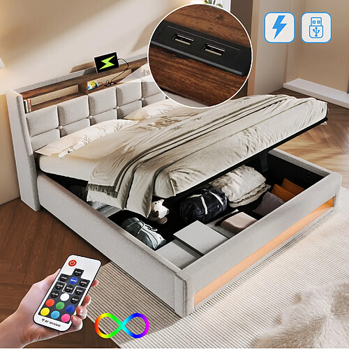 Lit Coffre 140x200 cm Modenvie avec USB et LED en tissu lin beige
