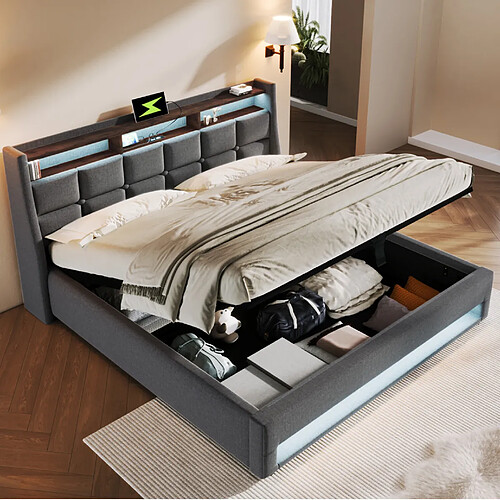 Lit Coffre 160x200 cm Modenvie avec LED et USB en tissu gris sans matelas