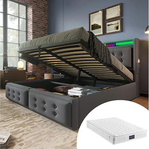 Lit Coffre 160x200 cm Modenvie avec LED et USB-C en tissu gris
