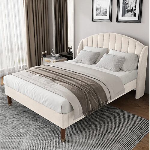 Lit Double Modenvie 140x190 cm avec sommier à lattes et tête de lit - Beige