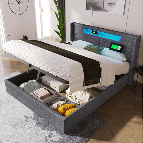 Lit Coffre 140x200 cm Modenvie avec LED et USB sans matelas gris