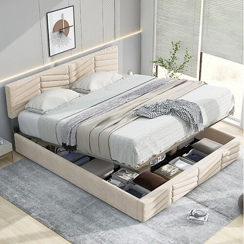 Lit Double Modenvie 140x200 cm avec tête de lit réglable et sommier - Beige