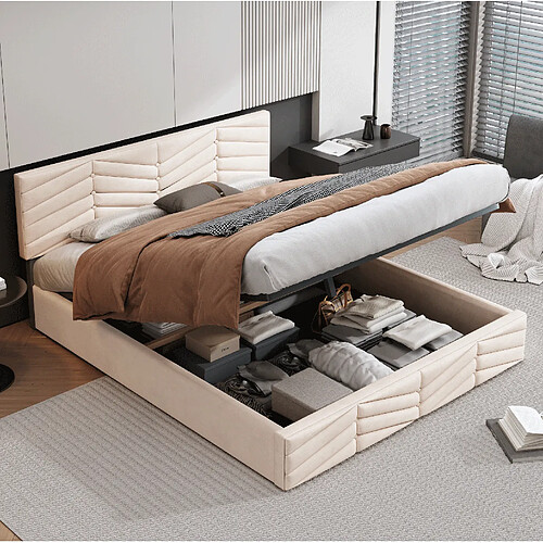 Lit Double 140x190 cm Modenvie tête de lit réglable velours beige