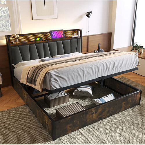 Lit Coffre Modenvie 160x200 cm avec LED et USB - Gris