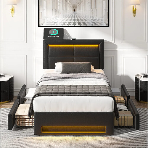 Lit capitonné Modenvie 90x190 cm USB LED rangement PU Noir