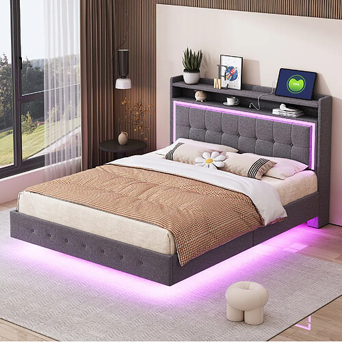 Lit Double 140x200 cm Modenvie LED et USB en tissu en lin gris