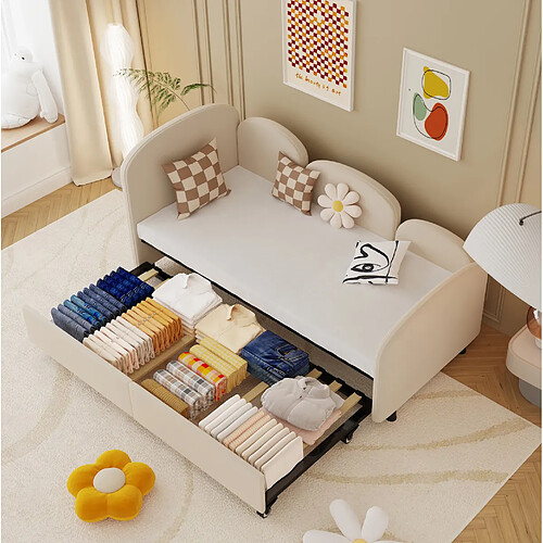 Lit Enfant Modenvie 90x200 cm avec rangement, velours, beige