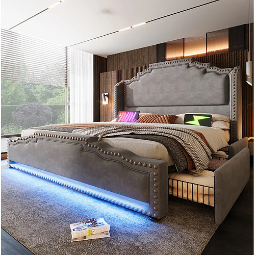 Lit Double Modenvie 140x200 cm avec rangement LED USB-C en velours gris