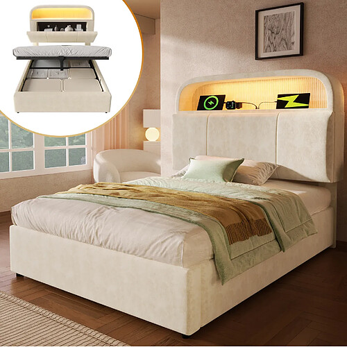 Lit Coffre Modenvie 90x200 cm - LED USB - Velours Beige