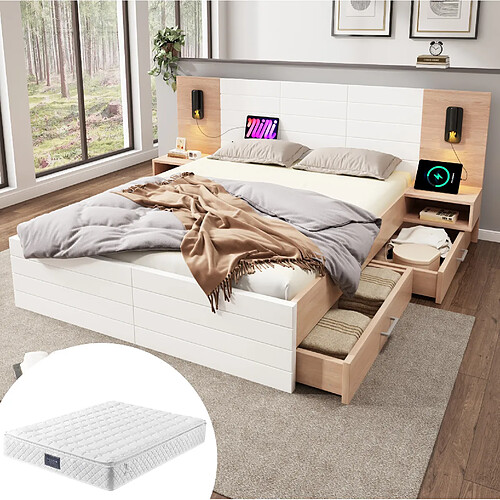 Lit Double 140x200 cm - Modenvie - rangement avec USB et lampe - Blanc chene