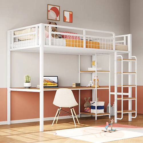 Lit mezzanine enfant 90x200 cm Modenvie avec bureau et étagères blanc
