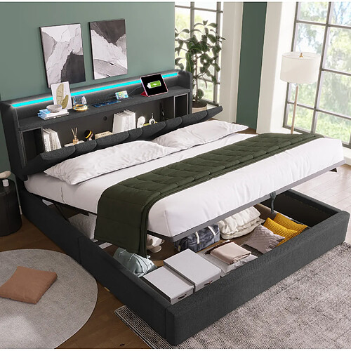 Lit Coffre 160x200 cm Modenvie avec USB et LED - Gris