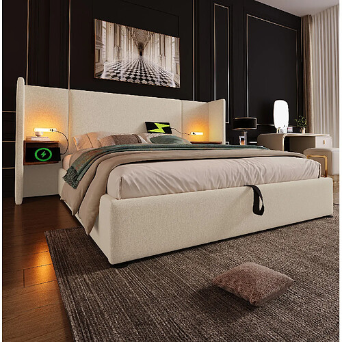 Lit Coffre 180x200 cm Modenvie avec rangement et lampe USB Type C Beige