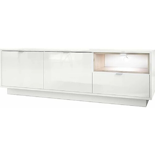 Mpc Meuble TV 153 Cm Laqué Blanc Avec Insertion Aspect Chêne Nordique + LED (lxhxp) : 153 X 48 X 38.