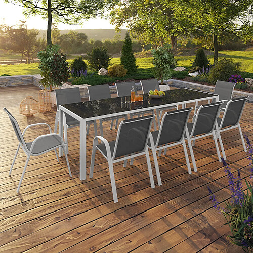 Table A Manger Extensible Salon De Jardin NOUMEA - Table Extensible 135/270 Cm 12 Chaises Empilables - Blanc Et Bois - IDMarket Salon De Jardin Exterieur 4 Personnes
