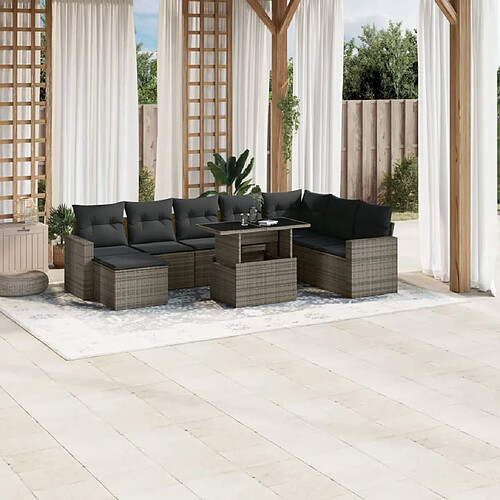 VidaXL Salon de Jardin 9 Pcs avec Coussins - Gris - Résine Tressée