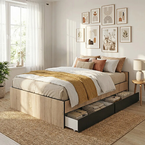 Le Quai Des Affaires Lit KAPPA 140x190 cm + 2 tiroirs / Décor chêne Blanchi et Noir