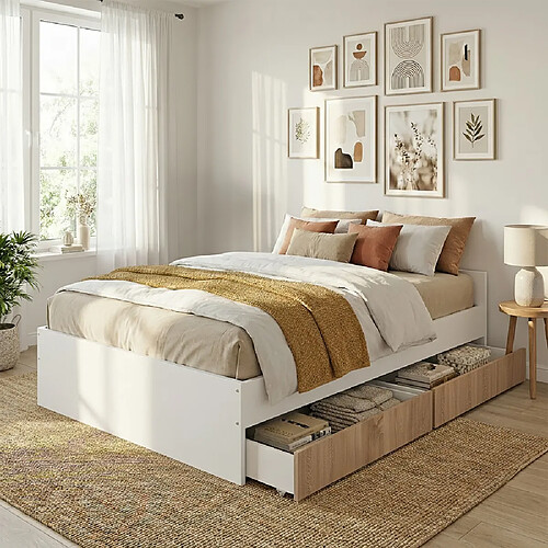 Le Quai Des Affaires Lit KAPPA 140x190 cm + 2 tiroirs / Décor Chêne Blanchi et Blanc