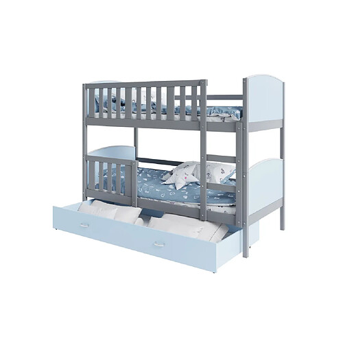 Kids Literie Lit Superposé 3 Places Tomy 90x190 Gris - bleu Livré avec sommiers, tiroir et matelas en mousse de 7cm