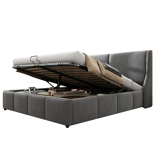MIVRAY Lit coffre adulte 180x200 cm lit double avec rangement et sommier, velours gris