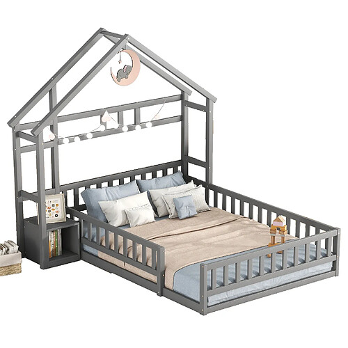 MIVRAY Lit Cabane adulte 140x200 cm lit double, forme maison avec garde corps et chevet, pin gris