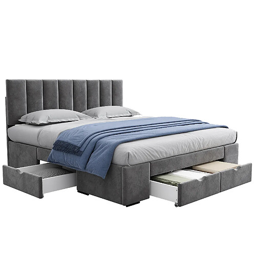 MIVRAY Lit double adulte 160x200 cm, 4 tiroirs de rangement et tête de lit réglable, velours gris
