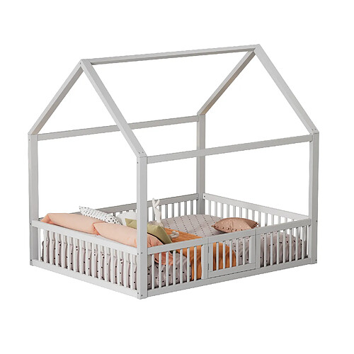 MIVRAY Lit cabane double 140x200 cm, avec porte et barrière, bois, blanc