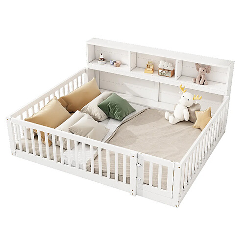 MIVRAY Lit adulte double 140x200 cm avec rangement latéral et barrières, pin et MDF blanc