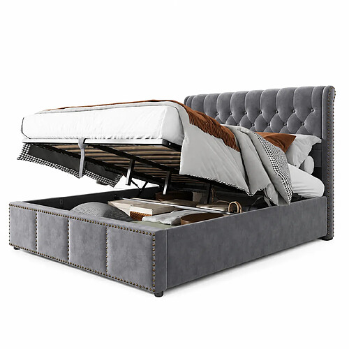 MIVRAY Lit coffre adulte 180x200 cm lit double avec rangement, velours gris