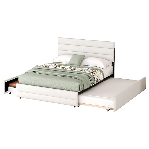 MIVRAY Lit gigogne adulte 140x200 cm avec 2 tiroirs de rangement, lin, beige