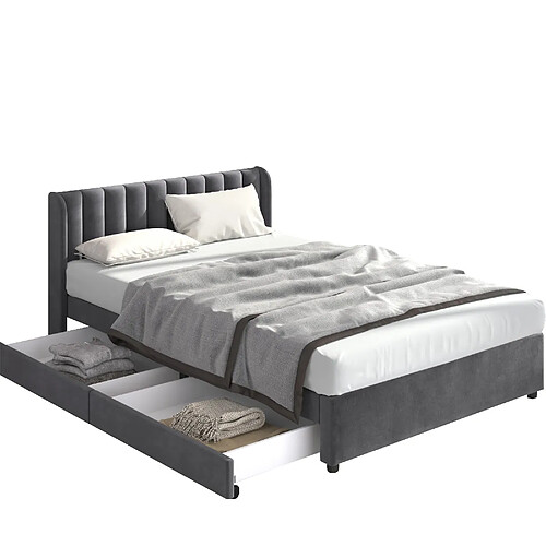 MIVRAY Lit adulte double 140x200 cm, 2 tiroirs de rangement et sommier, velours gris