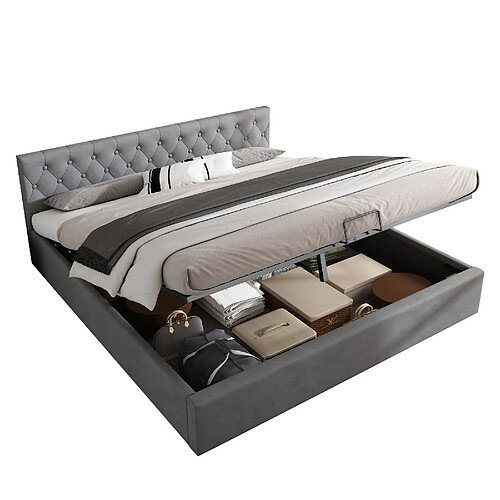 MIVRAY Lit coffre adulte 180x200 cm lit double avec rangement, tête capitonnée, velours gris