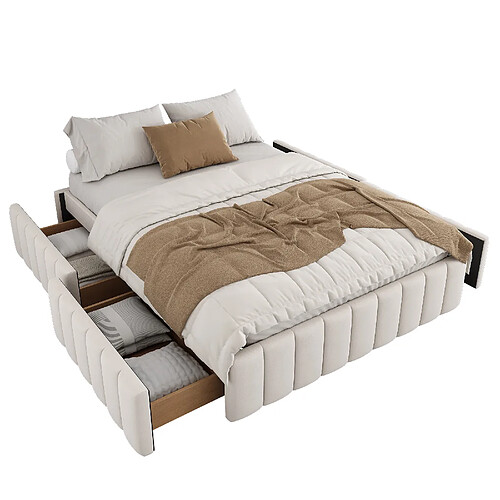 MIVRAY Lit adulte double 140x200 cm, 4 tiroirs et sans tête de lit, Velours, Beige