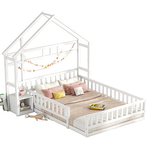 MIVRAY Lit Cabane adulte 140x200 cm lit double, forme maison avec garde corps et chevet, pin Blanc