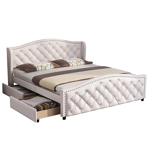 MIVRAY Lit Adulte Double 140x200cm, Tête De Lit Décorée Rivet Avec 2 Tiroirs, Pu, Blanc
