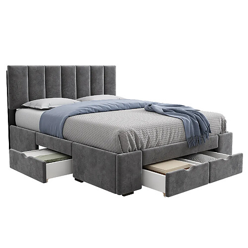 MIVRAY Lit double adulte 140x200 cm, 4 tiroirs de rangement et tête de lit réglable, velours gris