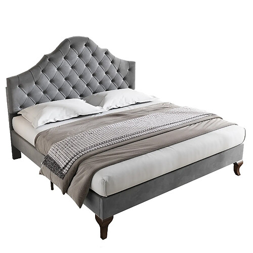 MIVRAY Lit double adulte 140x200 cm, tête de lit et sommier à lattes, velours gris