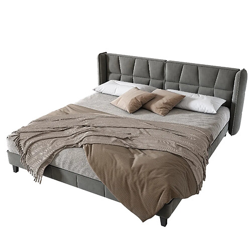 MIVRAY Lit Adulte Double 180x200 Cm Avec Tête De Lit Tapissée Et Sommier à Lattes, Velours, Gris